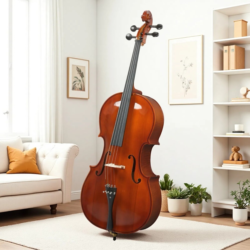 4/4 Full Size Solid Spruce Top Beginner Acoustic Cello Set - Bag Natural Bow
