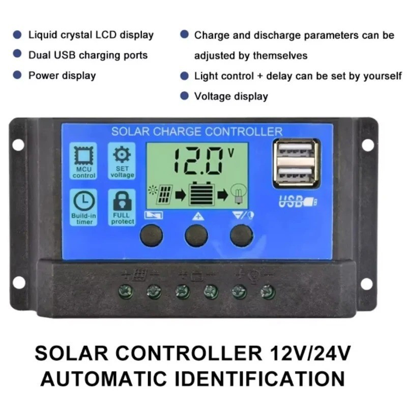 30A 12V/24V Solar Panel Battery Charge Controller LCD Auto Regulator Dual USB US