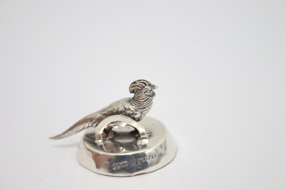 ANTIQUE Sterling solid Silver Pheasant Menu Holder Sampson Mordan Chester 1914