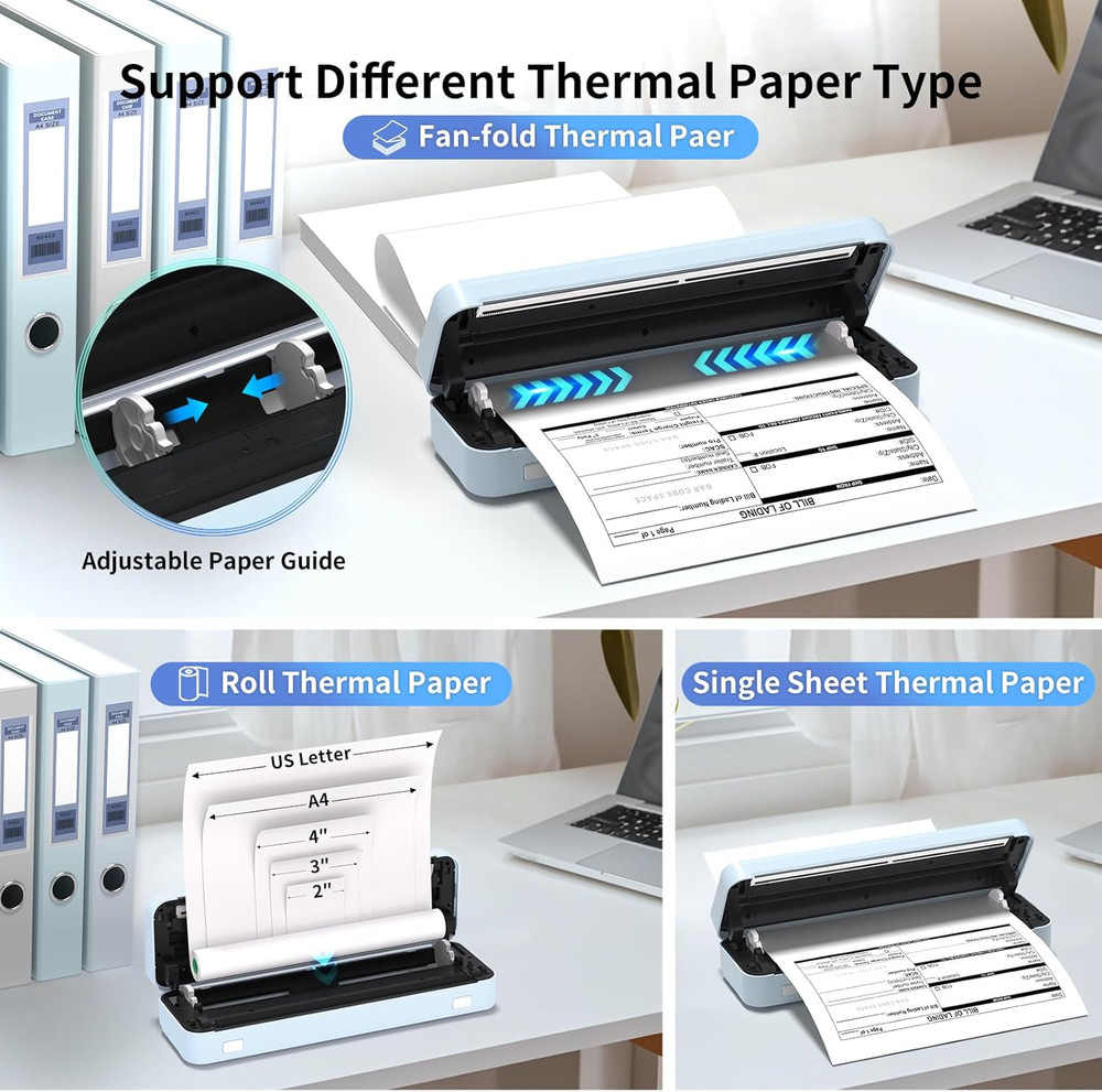 300DPI Portable Printer Wireless for Travel, Inkless Small Bluetooth Printers fo