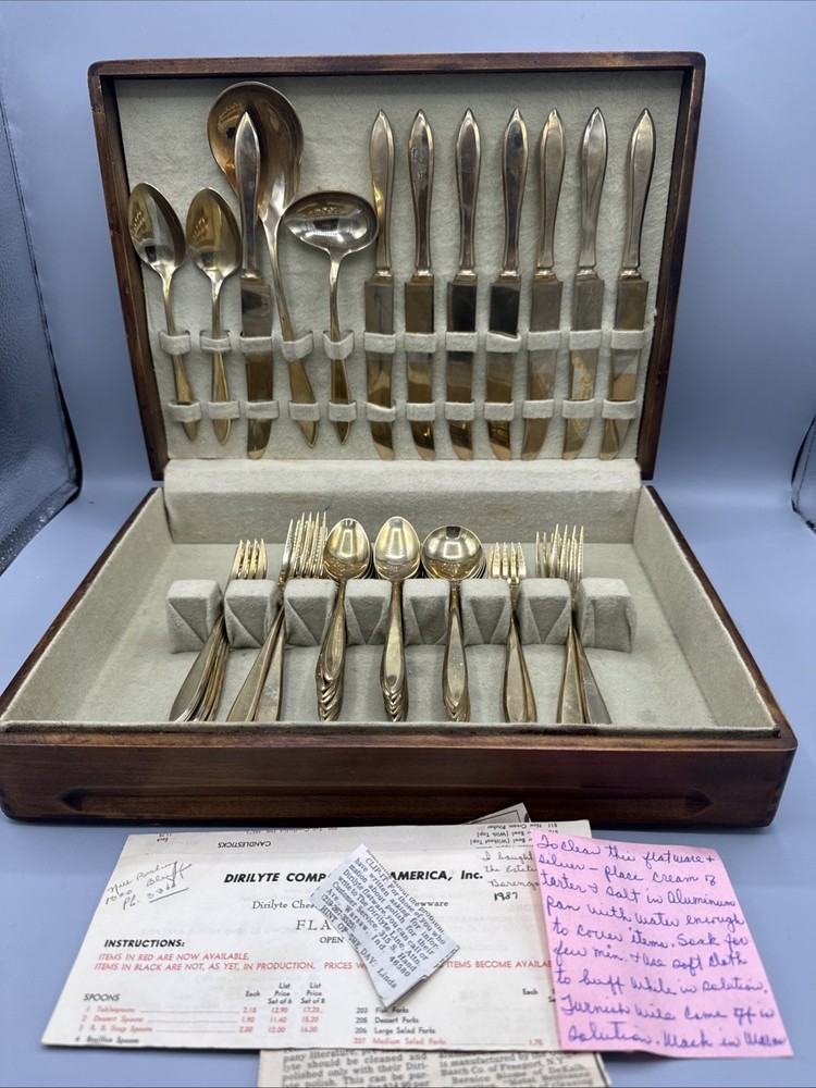 DIRILYTE DIRIGOLD Gold Tone Silverware  Flatware 55 pc Box MCM Mid Century