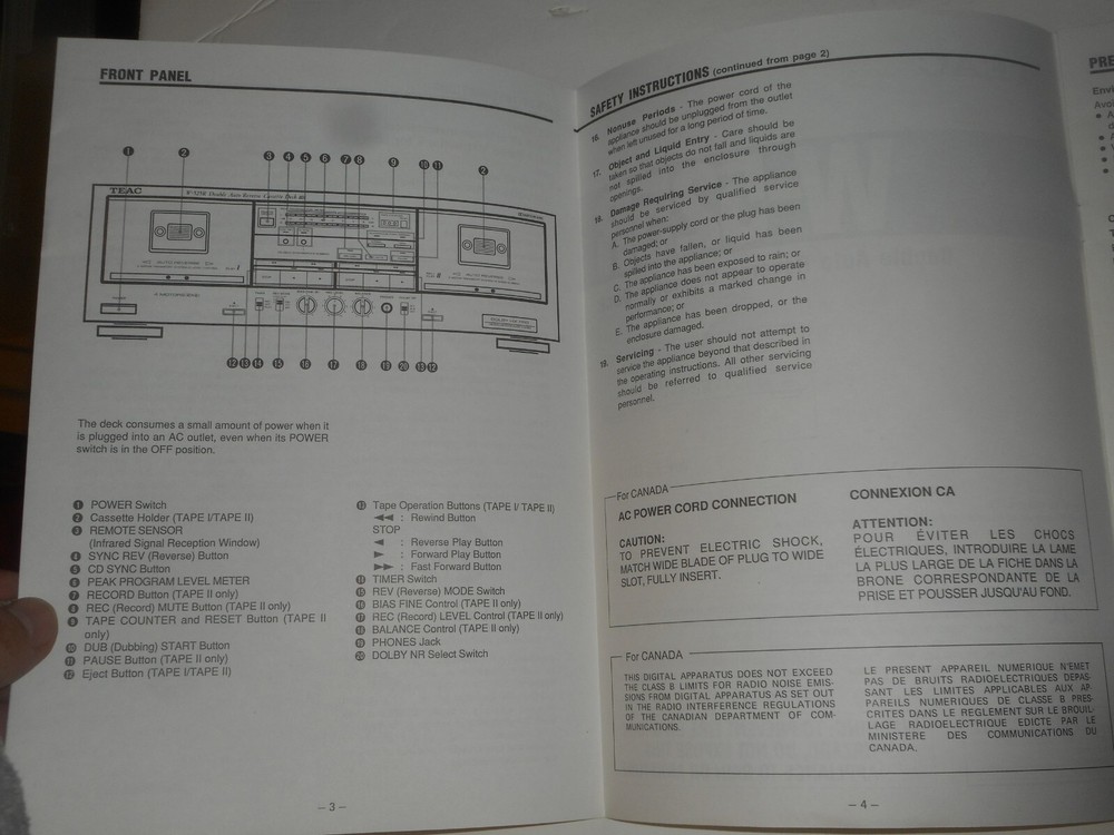 TEAC W-525R Owner's Manual & Specifications Double Auto Reverse Cassette Deck