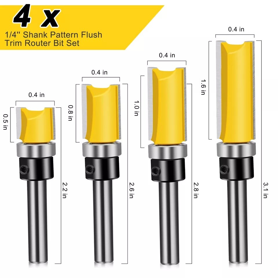 4Pcs 1/4'' Shank Top Bearing Flush Trim Carbide Router Bit Set Milling Cutter US