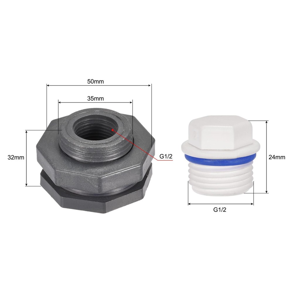 1 Set G1/2 Thread PVC Bulkhead Tank Adapter with White PPR Plug Fitting