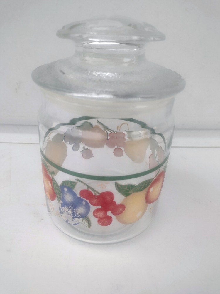 Covered Glass Candy Jar W/Removable Lid Fruit Design Pattern