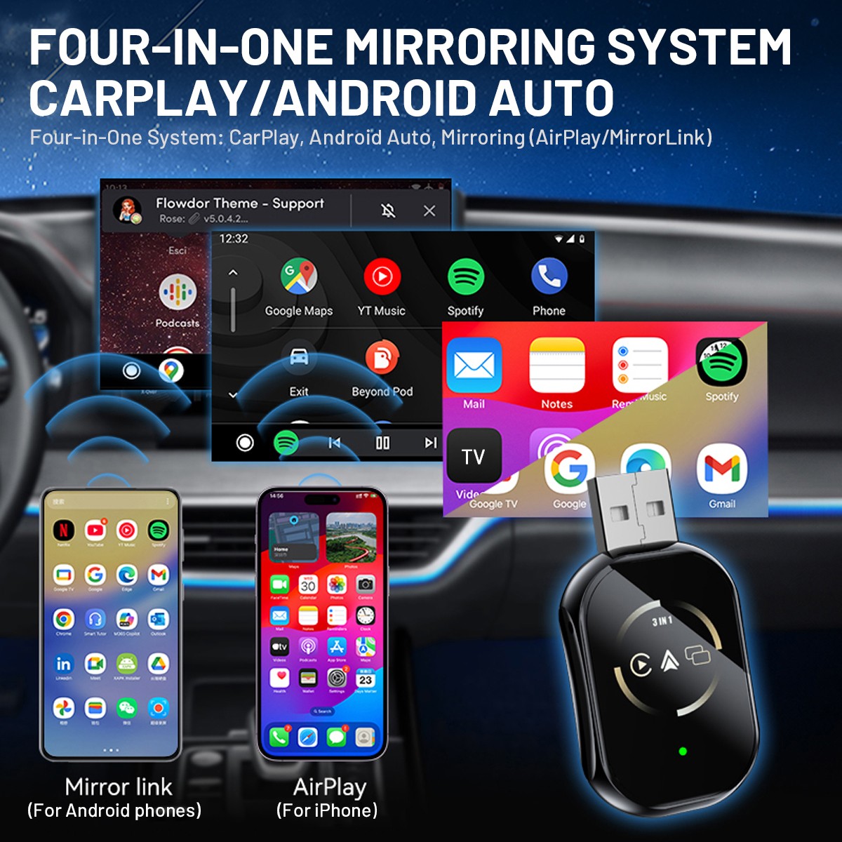 2026 Carplay Adapter Wired to Wireless CarPlay Android Auto Mirror Link 4-IN-1