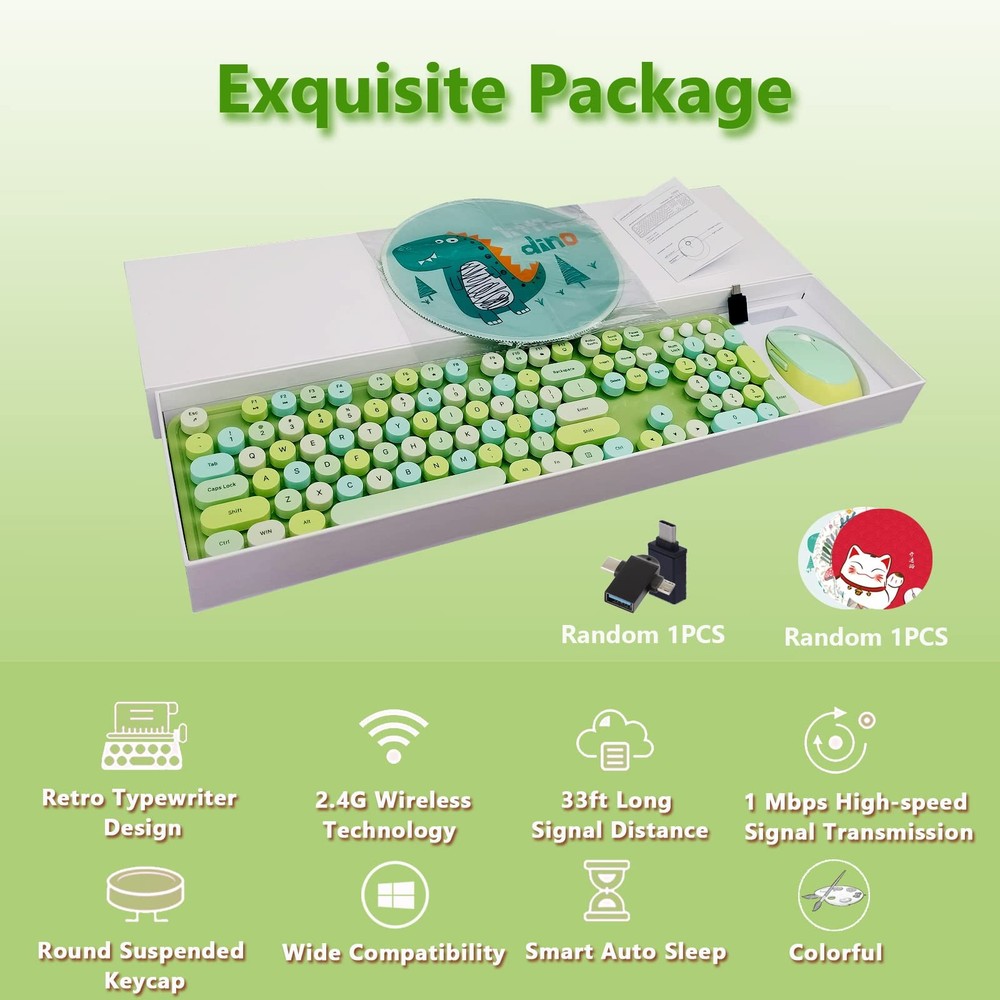 Wireless Keyboard and Mouse Combo Retro Typewriter Ergonomic Set Green