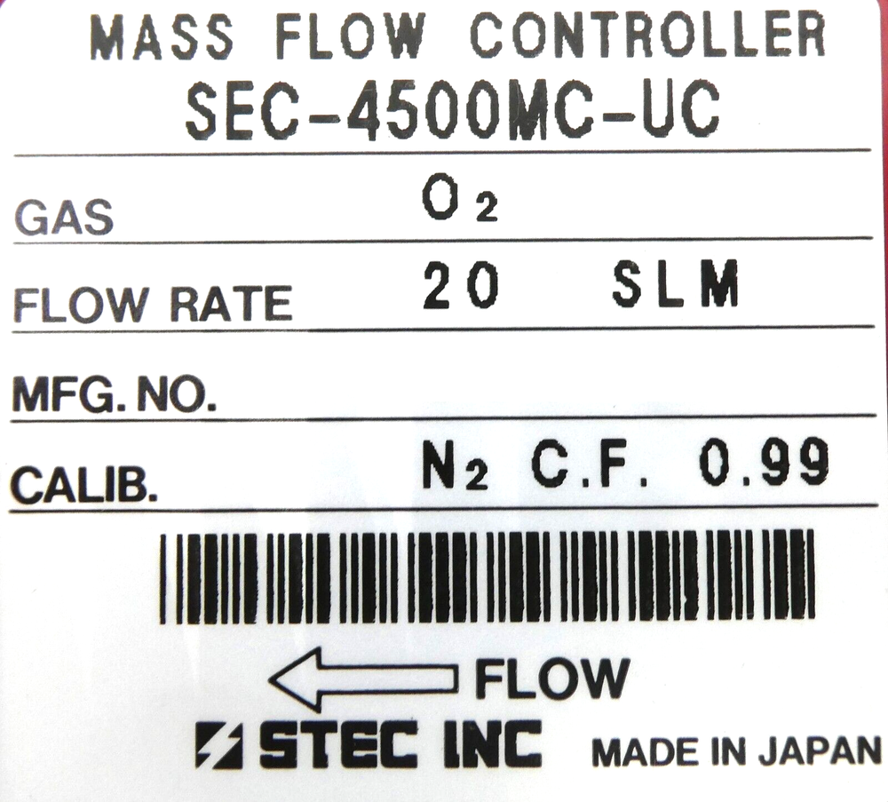 STEC SEC-4500MC-UC Mass Flow Controller MFC SEC-4500 20 SLM O2 Working Surplus