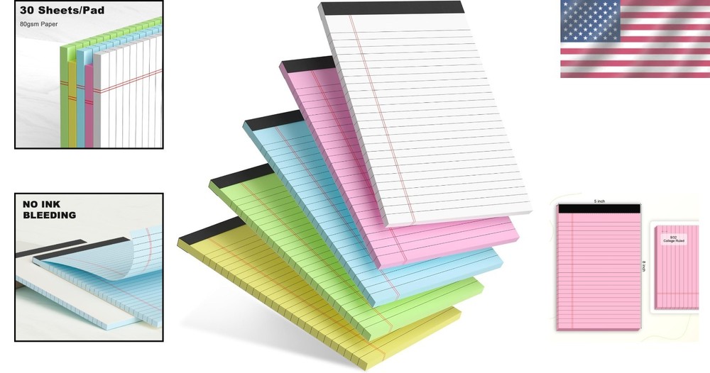 Durable 5 Pack Multicolor Notepads - 30 Sheets for Effective Note Taking