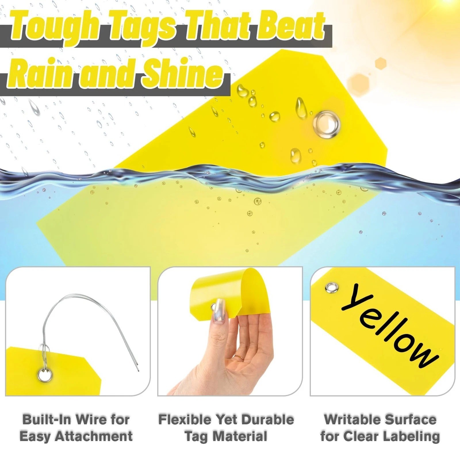 100pcs Yellow Plastic Hang Shipping Tags with Wire Waterproof Blank Label Tags