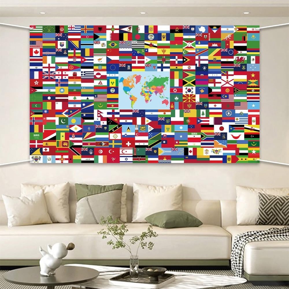 World Flags Banner - 5x3ft Polyester International Flag Backdrop with String ...