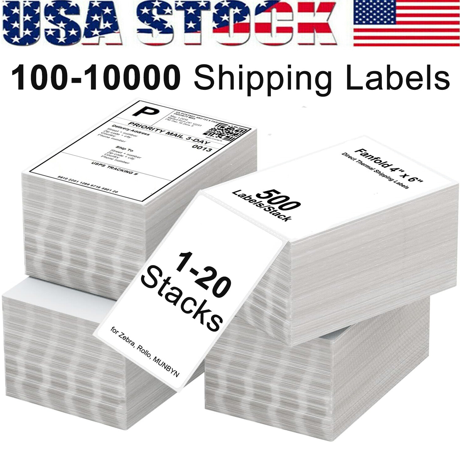 500 4" x 6" Fanfold Direct Thermal Shipping Labels Perforated for Zebra & Rollo