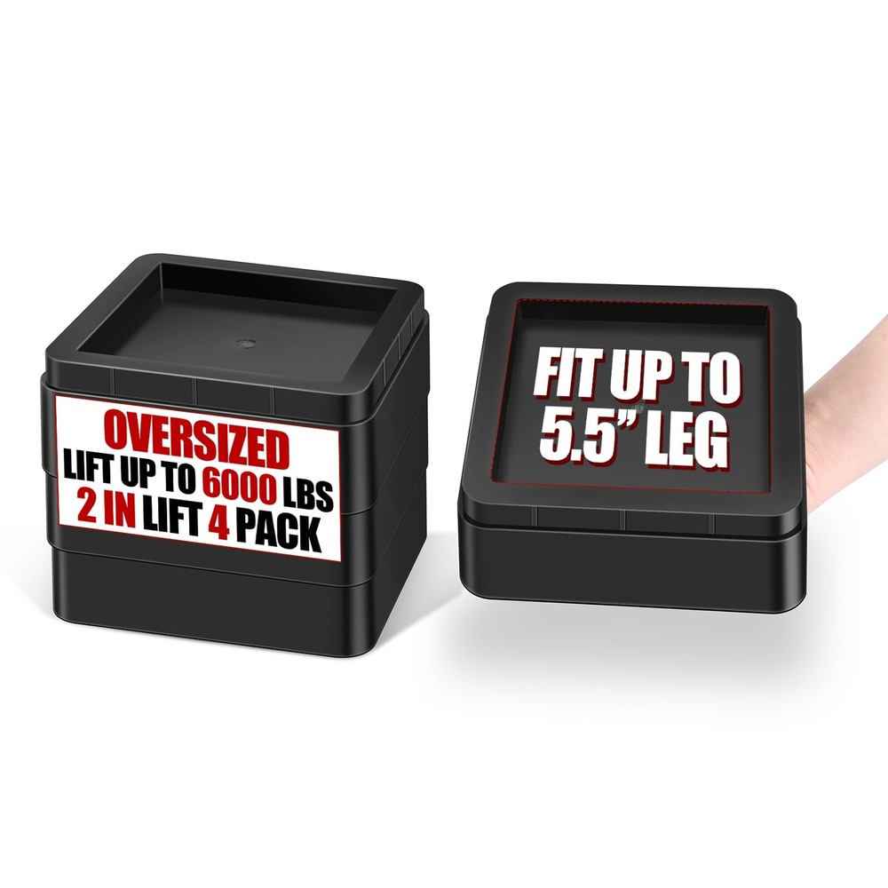 4 PCS Oversized Heavy Duty Bed Risers Stackable Support 12000 Lbs Black 5.5x2