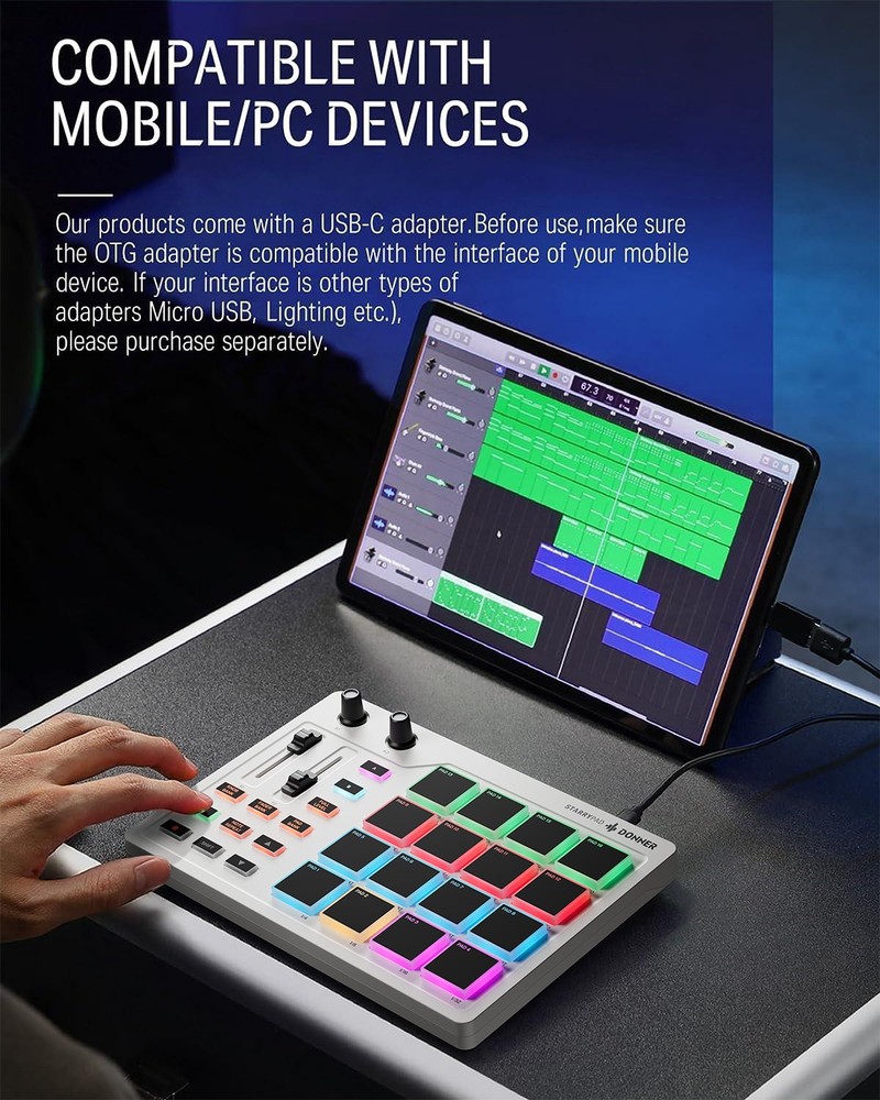 16 Pad MIDI Beat Maker Donner STARRYPAD 2 Assignable Fader Knobs White