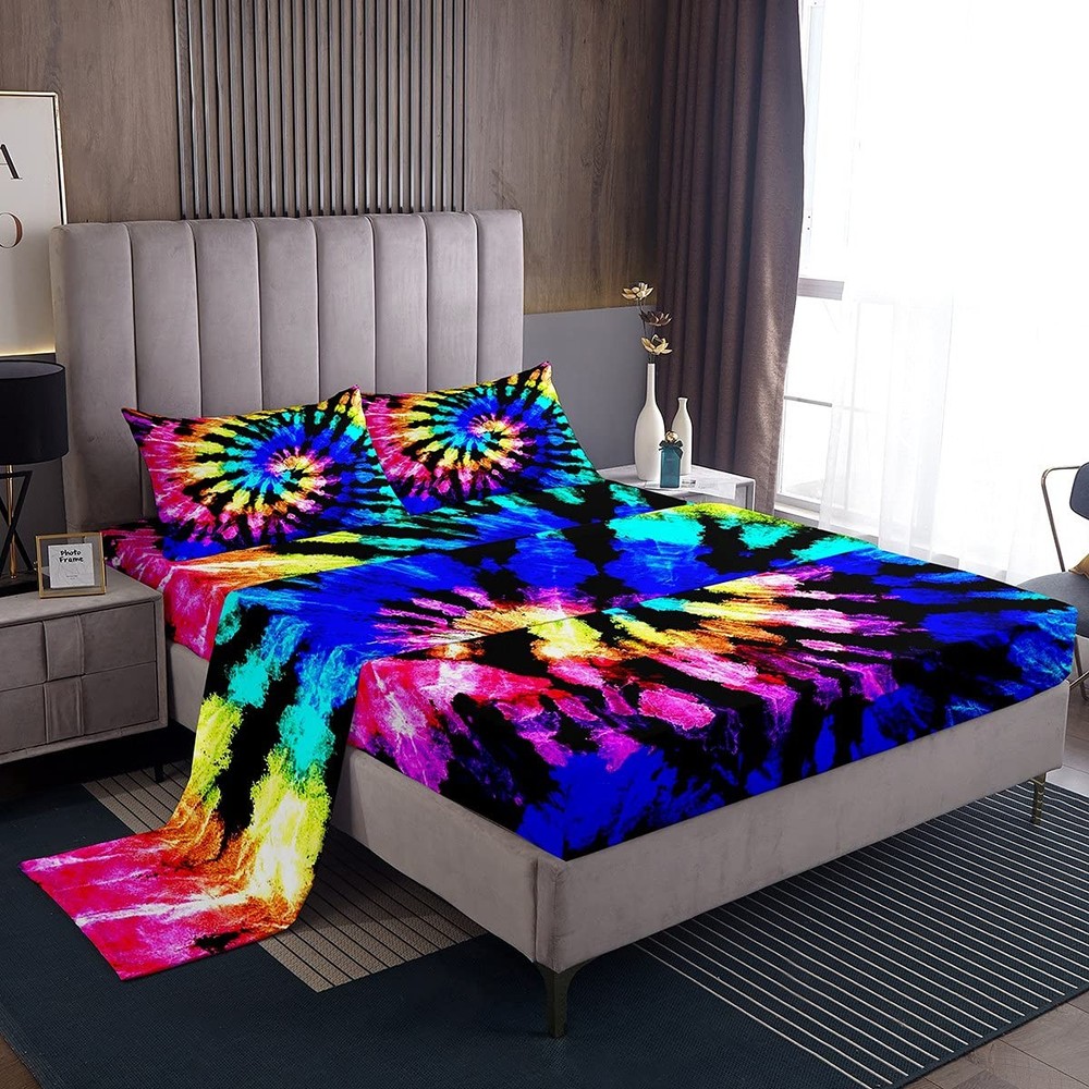 Feelyou Tie Dye Bed Sheet Set 4 Piece Queen Bedding Boho Psychedelic Sheets w...