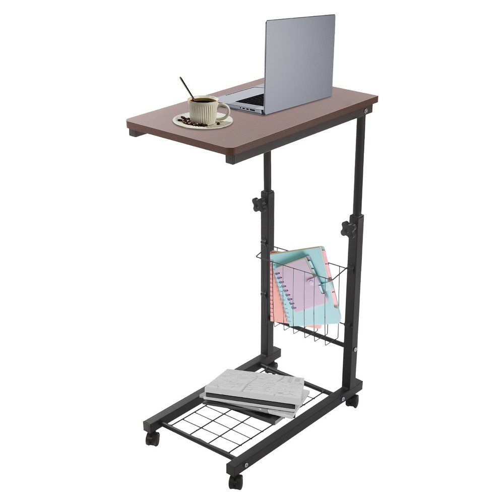 2 Tiers Red Walnut Color Mobile Standalone Adjustable Bed Side Table w/ Wheels