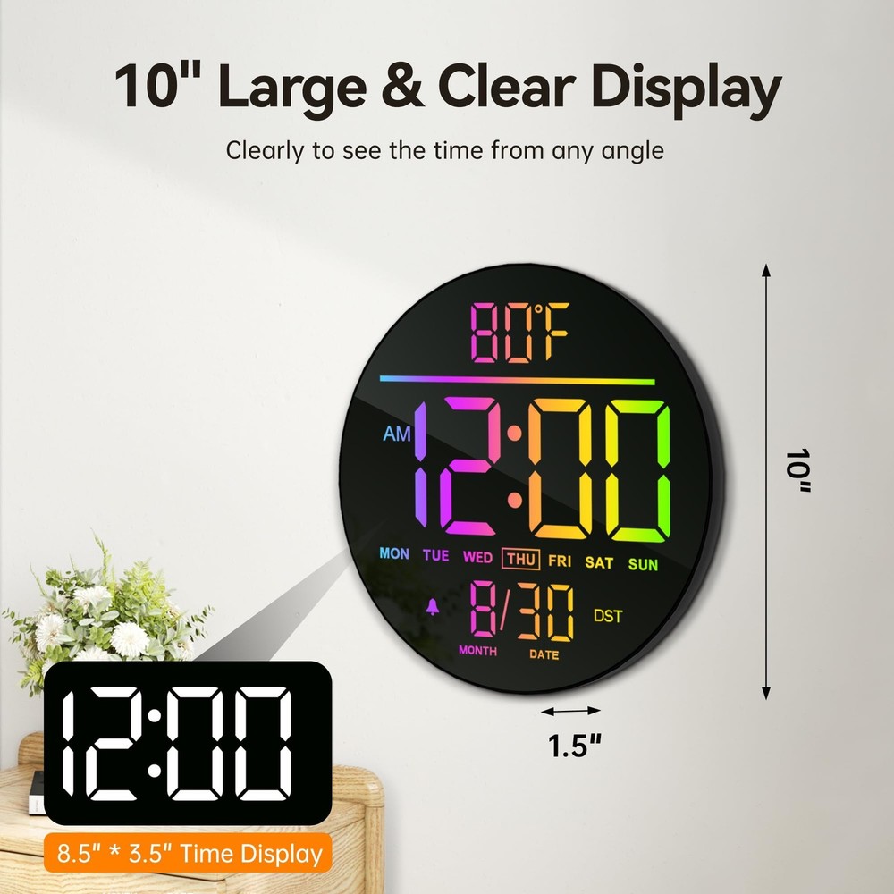 10" Large Digital Wall Clock with Seconds, Alarm Countdown Timer, Big LED Dis...