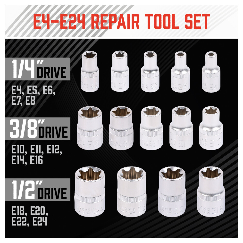 14 pc Torx Star Bit Female E Socket Set Automotive Shop Tools External E4-E24