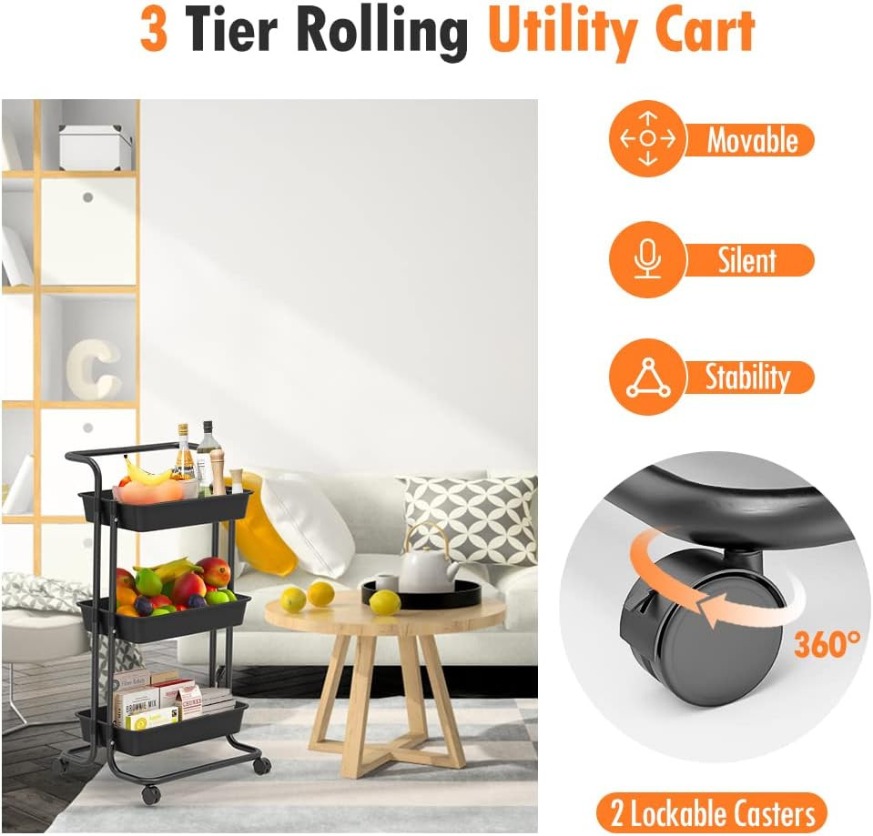 3-Tier Rolling Utility Cart with Wheels, Multi-Function Storage Cart with Lockab