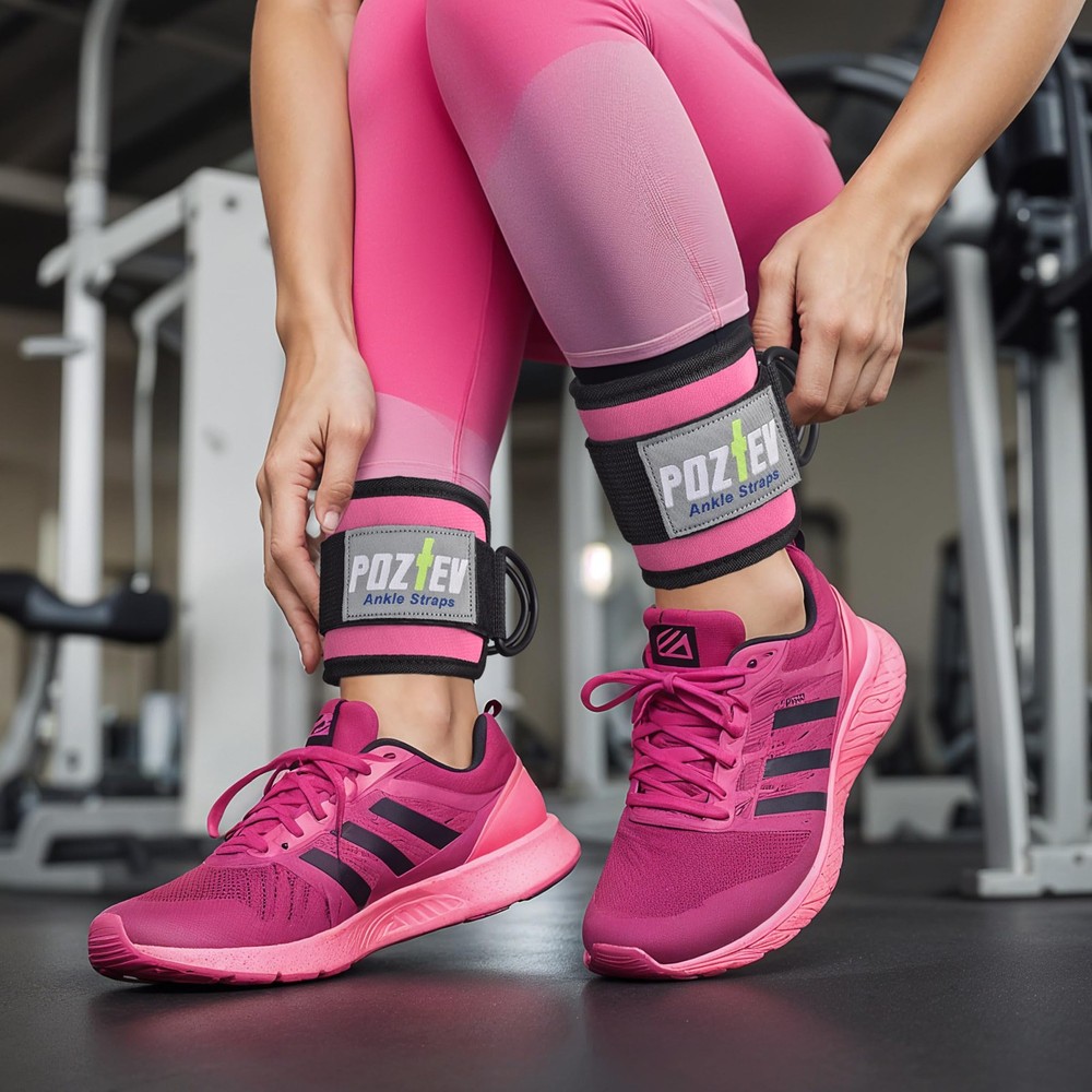 Ankle Straps for Cable Machine (PAIR) – Adjustable Padded Cuff Leg Pink