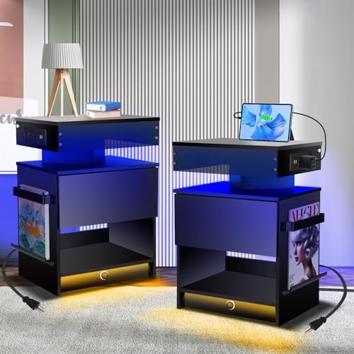 Nightstand with Induction Light & Side Charging Station, Modern Bedside Table