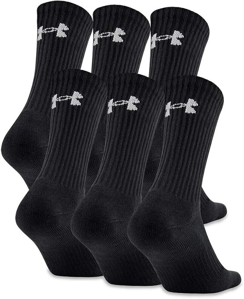 6 Pair UNDER ARMOUR Men Crew Socks BLACK Large 8-12 Cotton BLACK FRIDAY SPECIAL