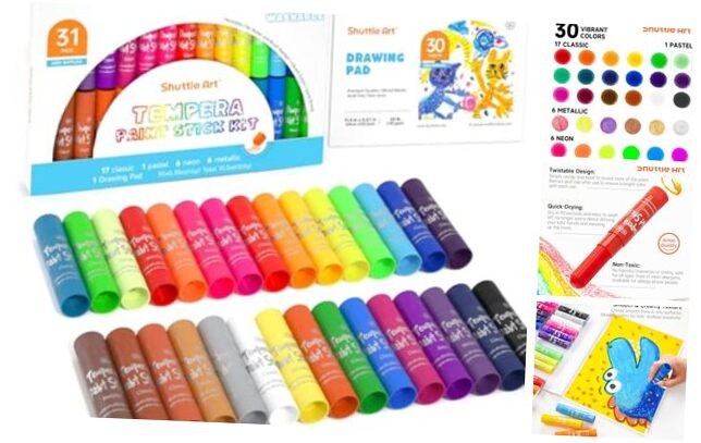 30 Colors Solid Tempera Paint Sticks with 1 Drawing Pad