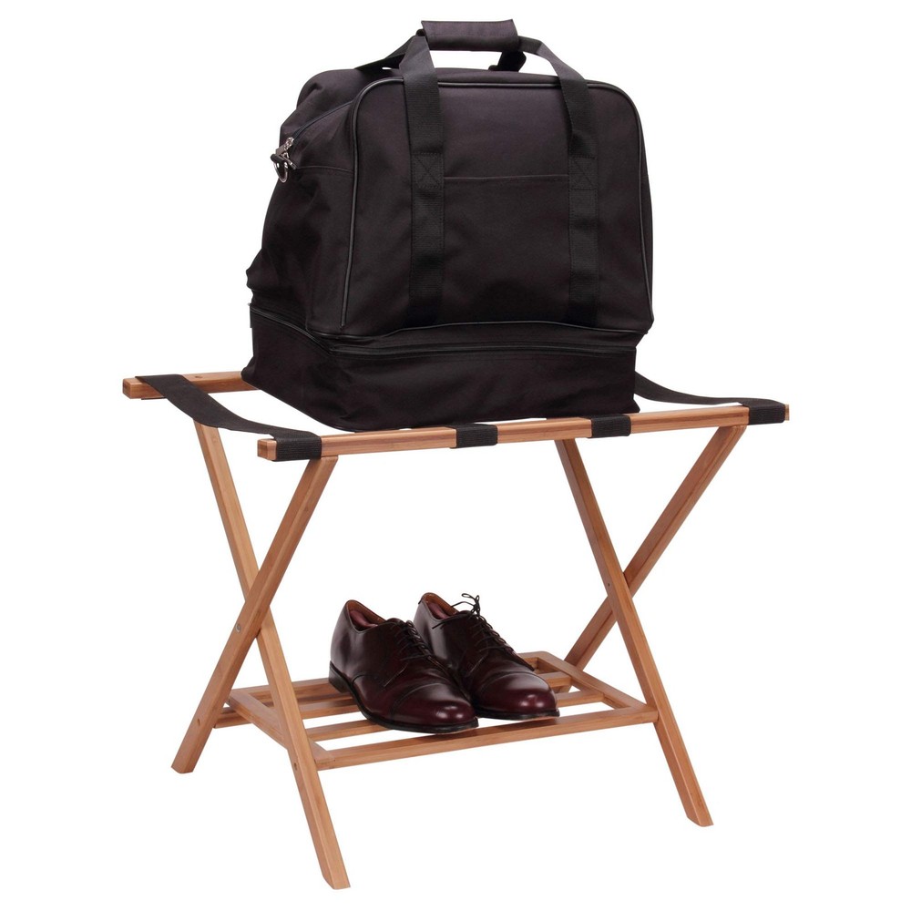 Fully Assembled Folding Luggage Rack with Lower Storage Shelf | Bamboo Frame ...