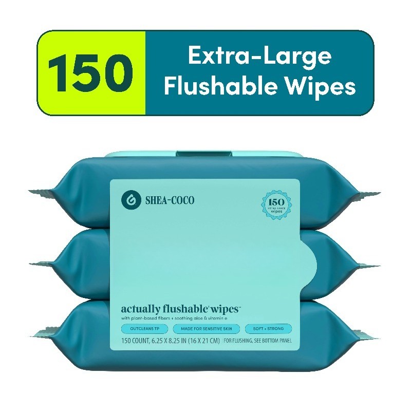 (4 pack) Flushable Butt Wipes, Shea-Coco Scented, 3 Pack, 150 Total Wipes