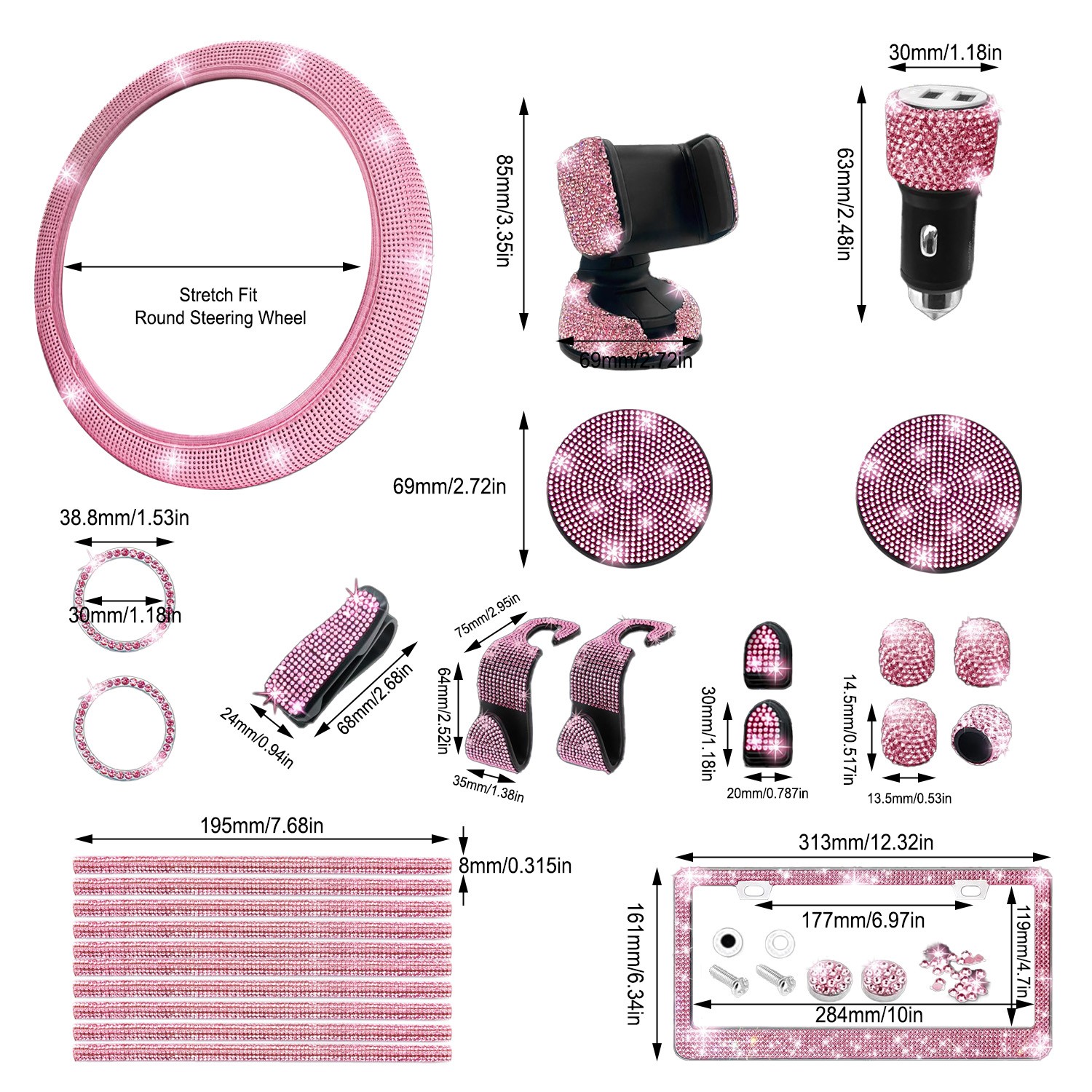 27PCS Car Diamond Interior Steering Wheel Cover Set Bling Accessorie for Women