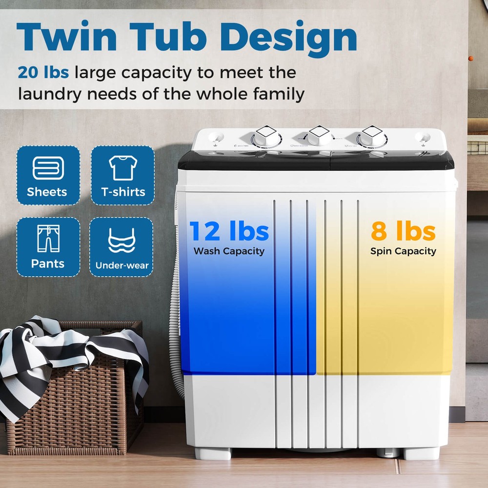 Portable Washing Machine with Drain Pump Timer Control Compact Washing Machine