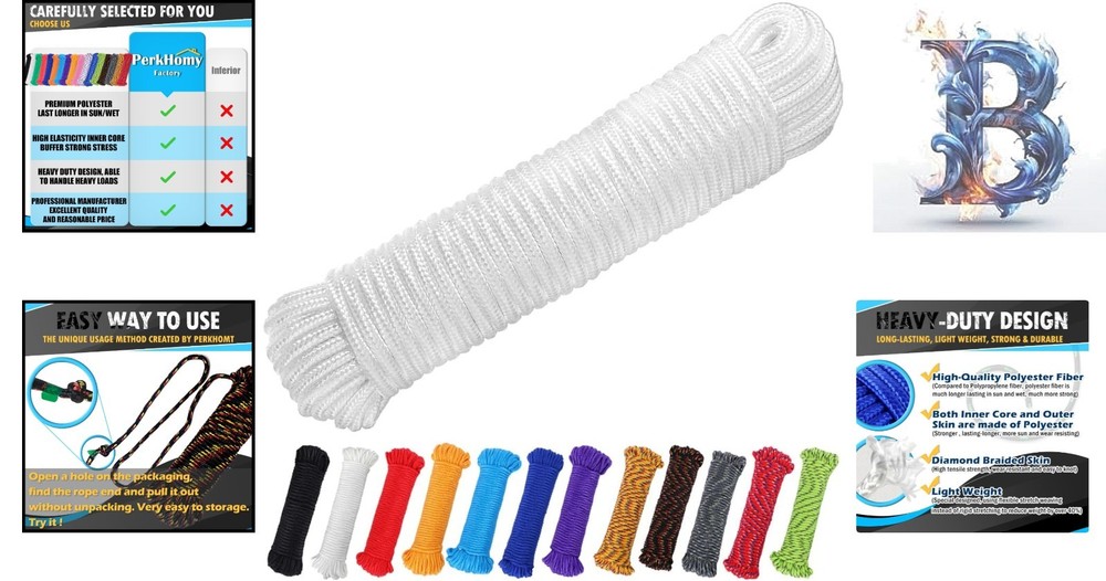 Lightweight 90ft Polyester Utility Rope - 1/4” Thick, Water-Resistant & Durable