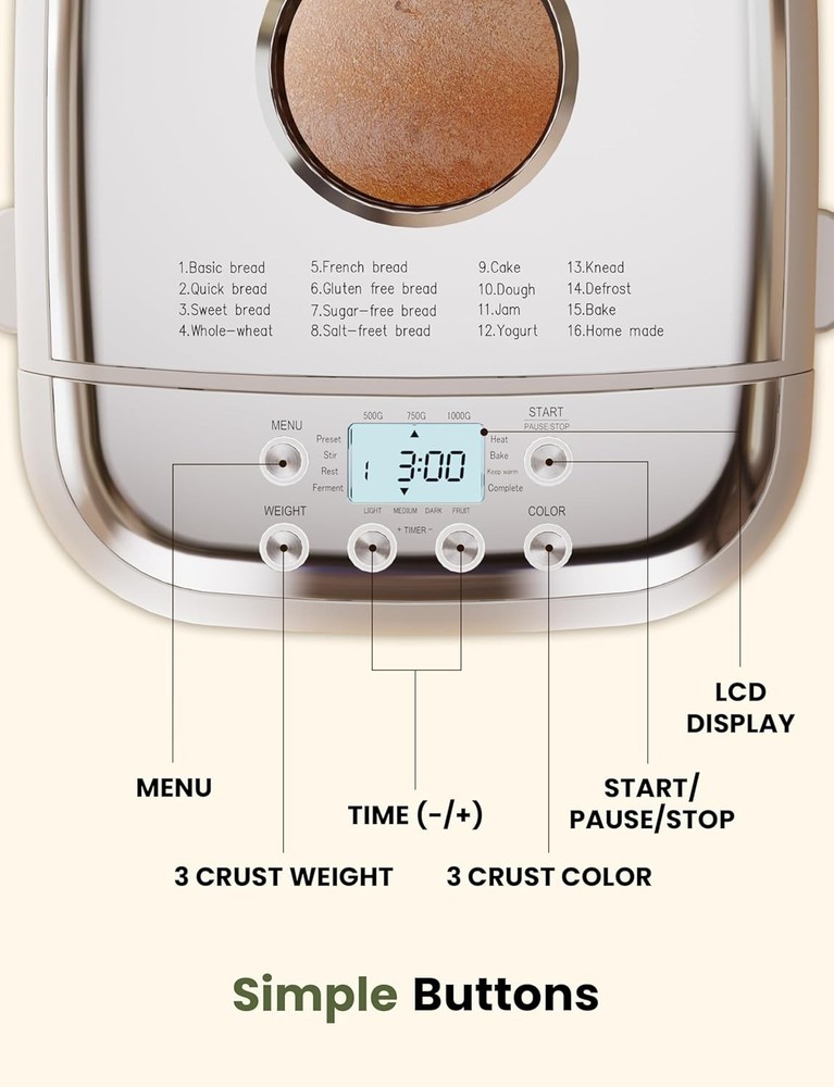 Bread Maker 2.2LB 16-in-1 Bread Machine Automatic Bread Maker Machine W/