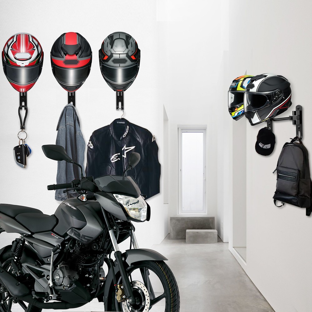 2 Pack Motorcycle Helmet Holder with Double Hook Wall Mount 180 Degree Rotation