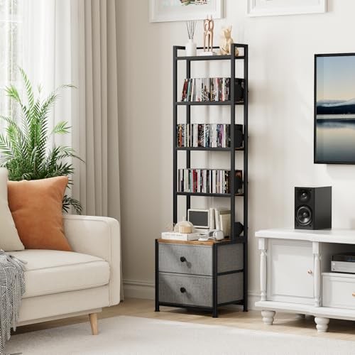 CD Storage Rack with Drawer, 5-Tier DVD Organizer Shelf w/Adjustable Book