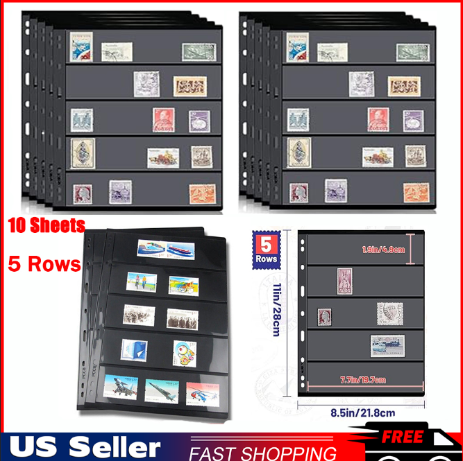 Stamp Pages for Album Binder, 10 Sheet, 5 Rows Pages for Stamp Collectors