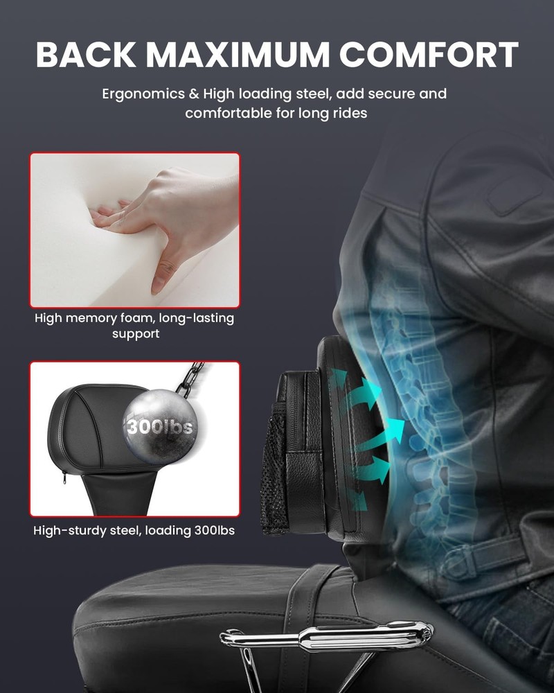 Aunseek Driver Backrest Adjustable Ride Plug-in Motorcycle Black