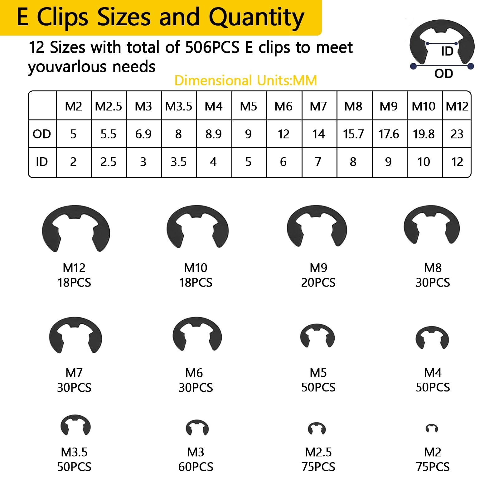 900Pcs C Clips Assortment (M5-M16) and E Black Size:900Pcs