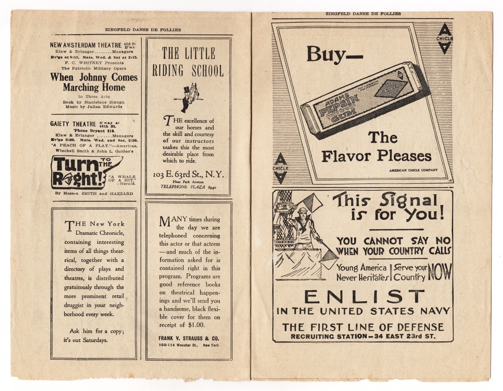 Will Rogers "ZIEGFELD MIDNIGHT FROLIC" Frances White / Peggy Fears 1917 Program