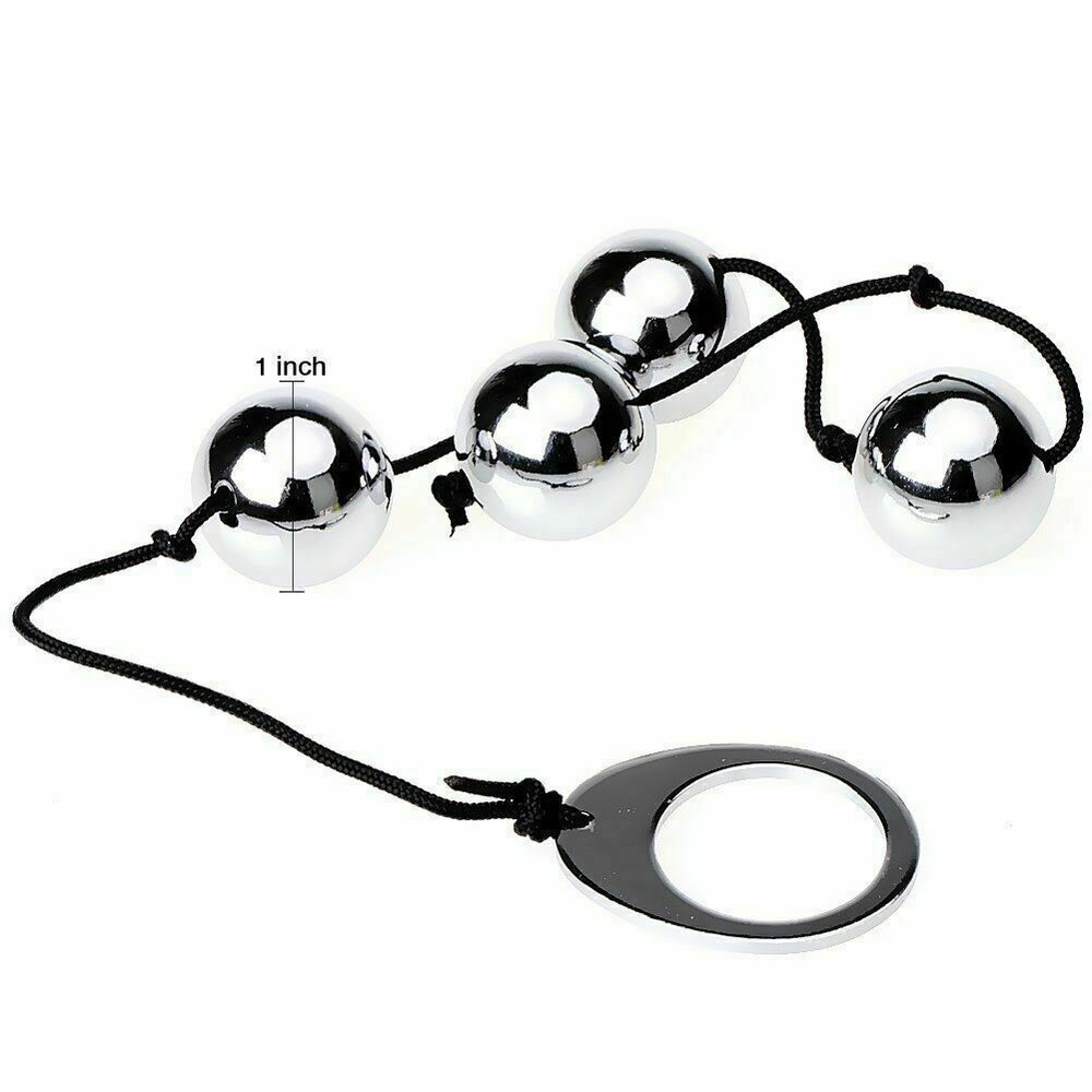Four Heavy Metal Anal Beads with String & Easy Pull Loop Ring 10 Inch