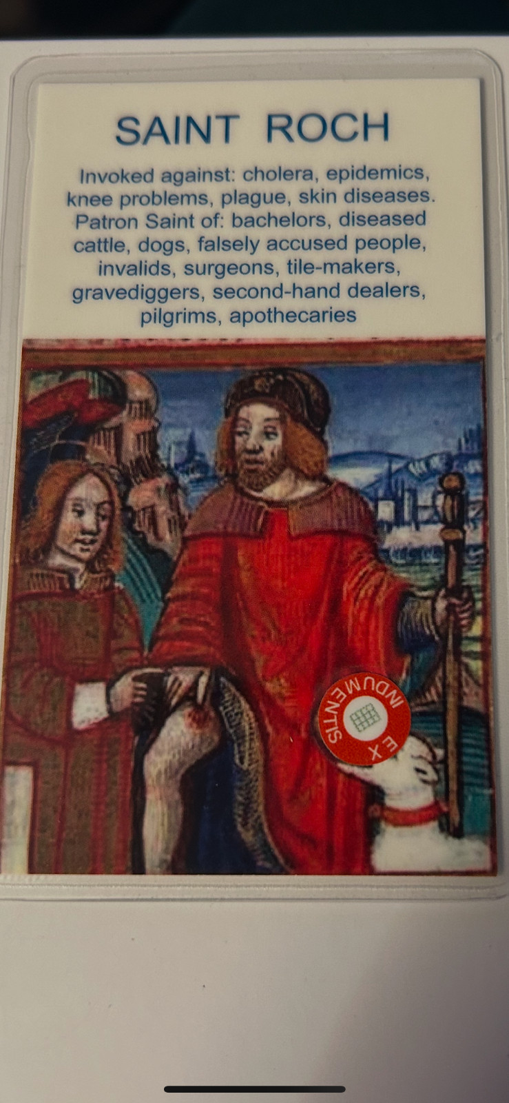 Saint Roch 3rd Class Relic Card Patron of falsely accused Epidemics Plagues