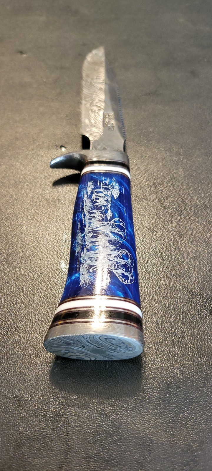 Impact Cutlery Custom Damascus Hunting Knife Engraved Blue Resin handle- 2399