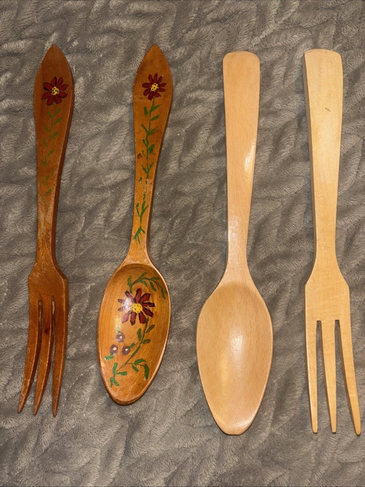 Hand Painted Wood Small Serving Fork & Spoon Set with Flowers & Plain Set 10”