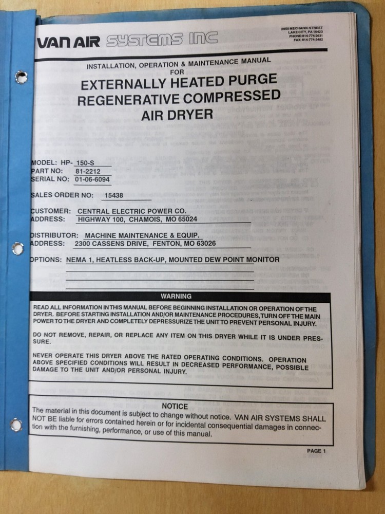 Van Air Systems, Model HP-150-S, Compressed Air Dryer Manual,    2001