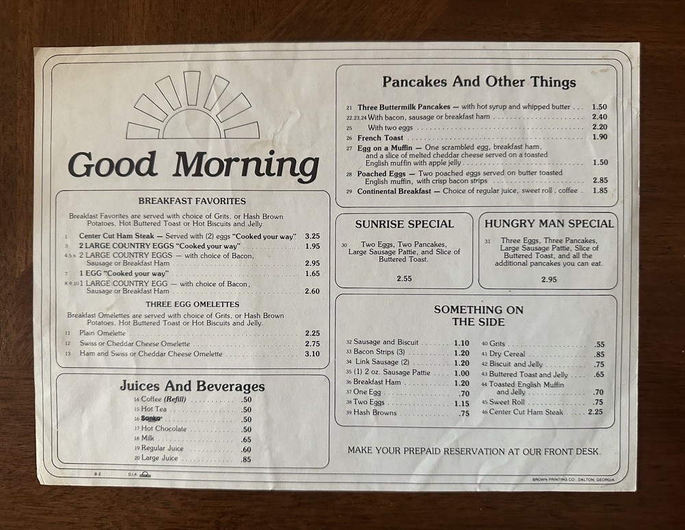Vintage 1981 Days Inn Breakfast & Dinner Restaurant Menu