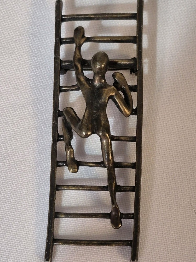 Nude Person Climbing Ladder Bronze Brooch Pin MCM Vintage