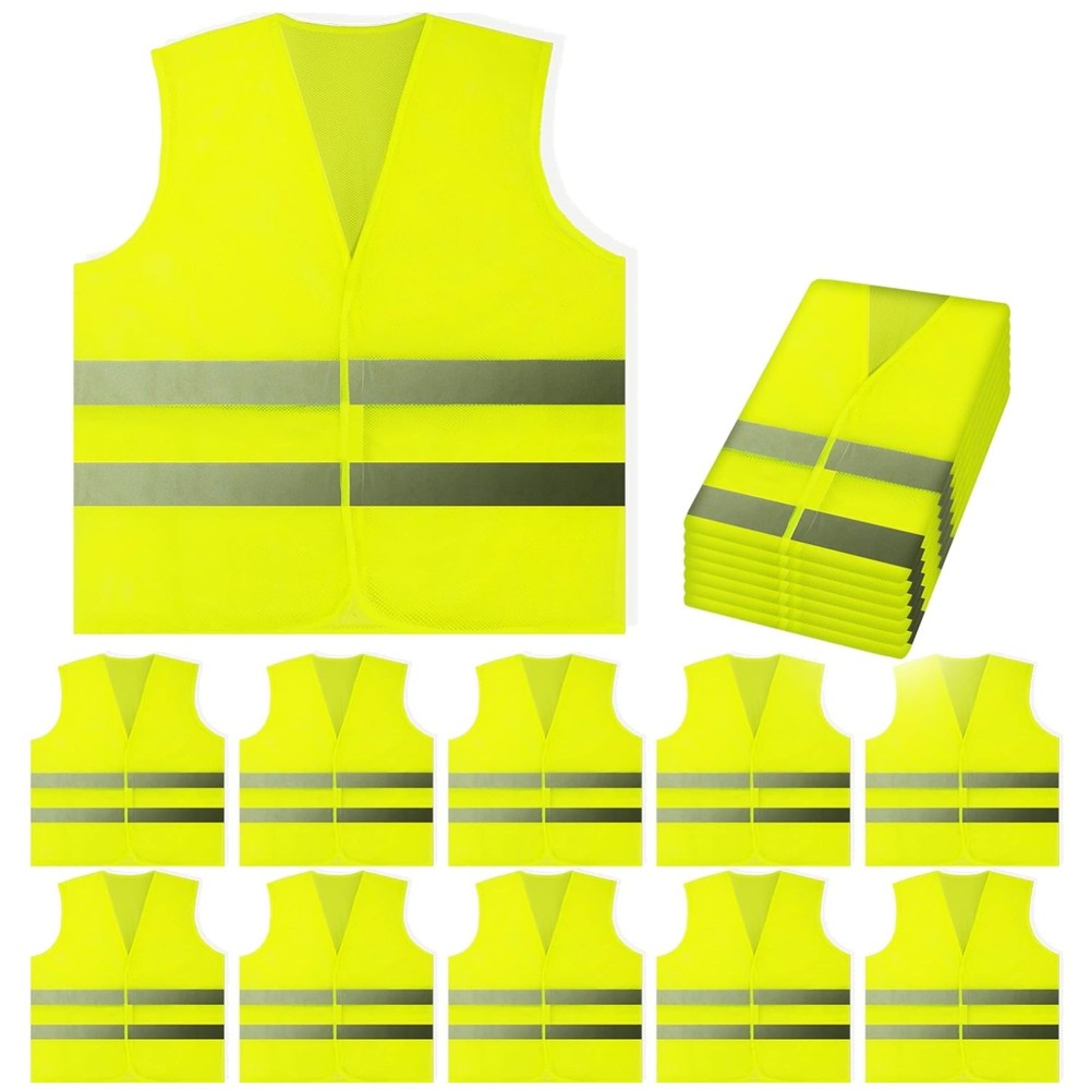 Hi Vis Yellow Safety Vests 10-Pack - Reflective Silver