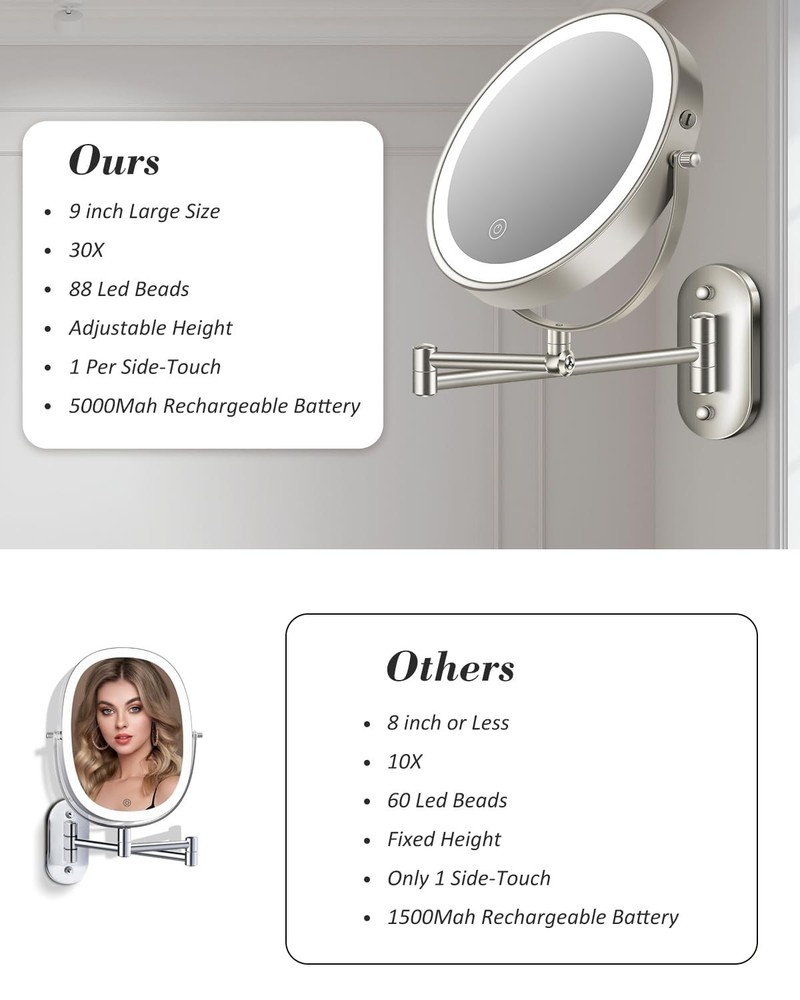 9'' 30X/1X Wall Mounted Lighted Makeup Mirror, Height Adjustable Double Sided...