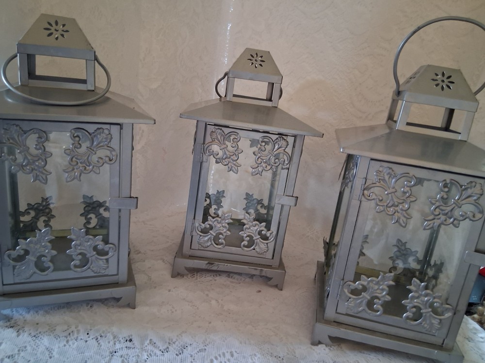 Silver Metal and Glass Antique Lantern Set, Three-Piece Freestanding Rectangle