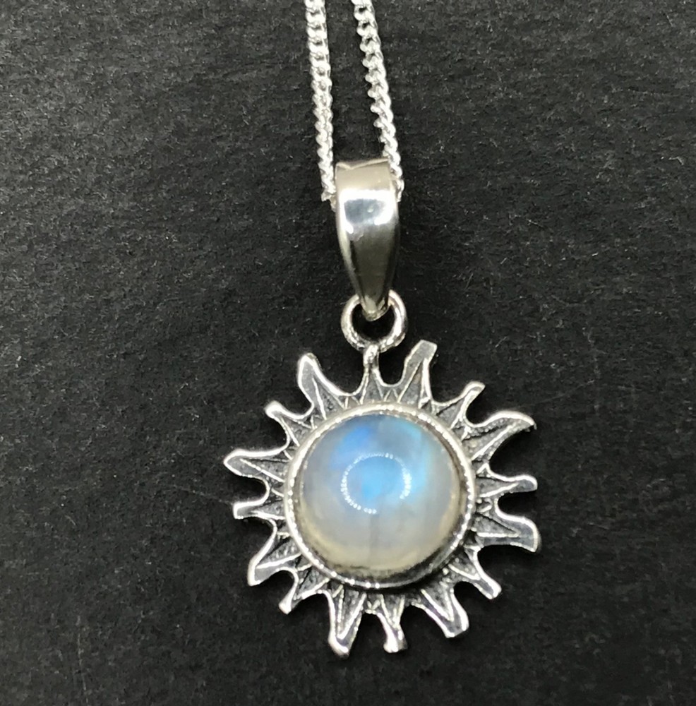 Rainbow moonstone pendant earrings set, solid Sterling silver, sun, gift box.